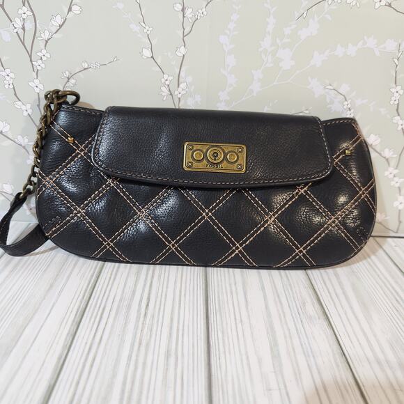 Fossil Handbags - Fossil Black Leather Quilted Embroidered Zipped Chain Link Wristlet Mini Clutch